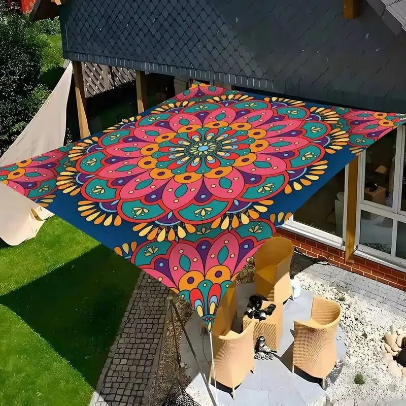 Boho Mandala Gradient Outdoor Polyester Canopy Beach Shade Sail, Thick Sun Protection, Easy Installation, Garden Courtyard Poolside, No Stand Included