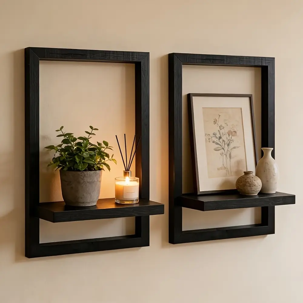 2 Floating Wall Shelves, Wall Shelf Set, Vintage Wooden Hanging Display Rack, Modern Space-Saving Storage Shelf for Bedroom Living Room Bathroom