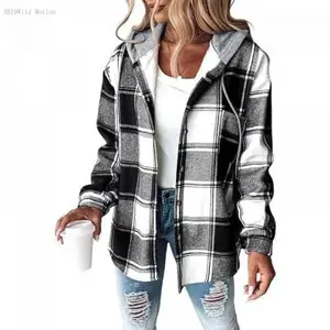 Womens Lightweight Casual Jacket Plaid Long Sleeve Shacket Fleece Lined Hooded Jackets Warm CoatAB19Wild Motion