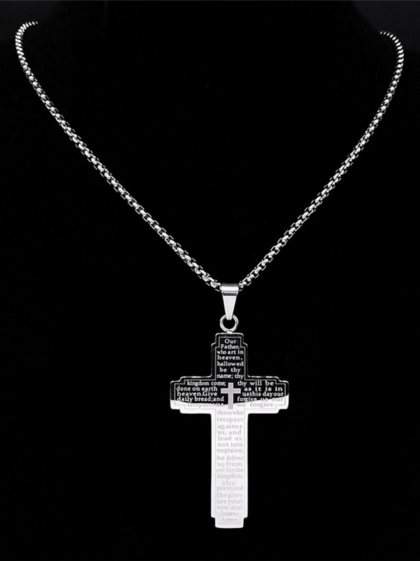 Christian Bible Cross Chain Necklace, Stainless Steel Pendant Necklace for Men, Religious Prayer to Jesus Cuban Cross Necklace
