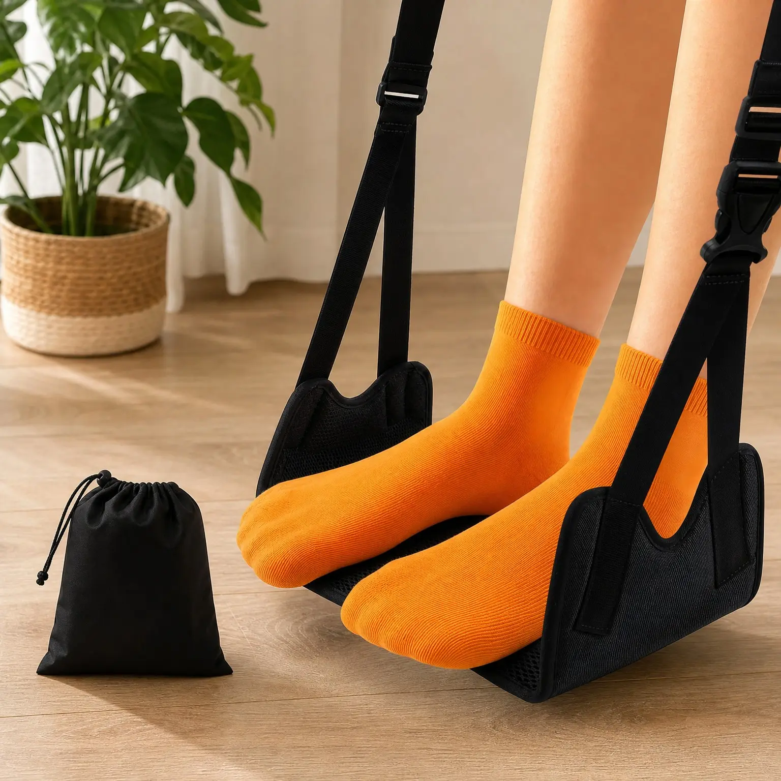 Airplane Foot Hammock, No-Collapse Thickened Bamboo Footrest, Adjustable Foot Rest for Office, Long Flight & Plane TravelGift