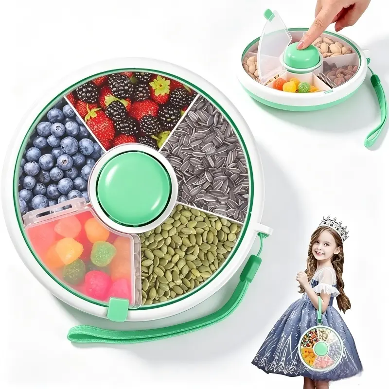 Snack Spinner with Lid, 5 Compartment Reusable Snack Container, Handheld Portable Divided Serving Tray, Moisture-Proof Storage Box for Kids Adults, Party Fruit & Nut Tray