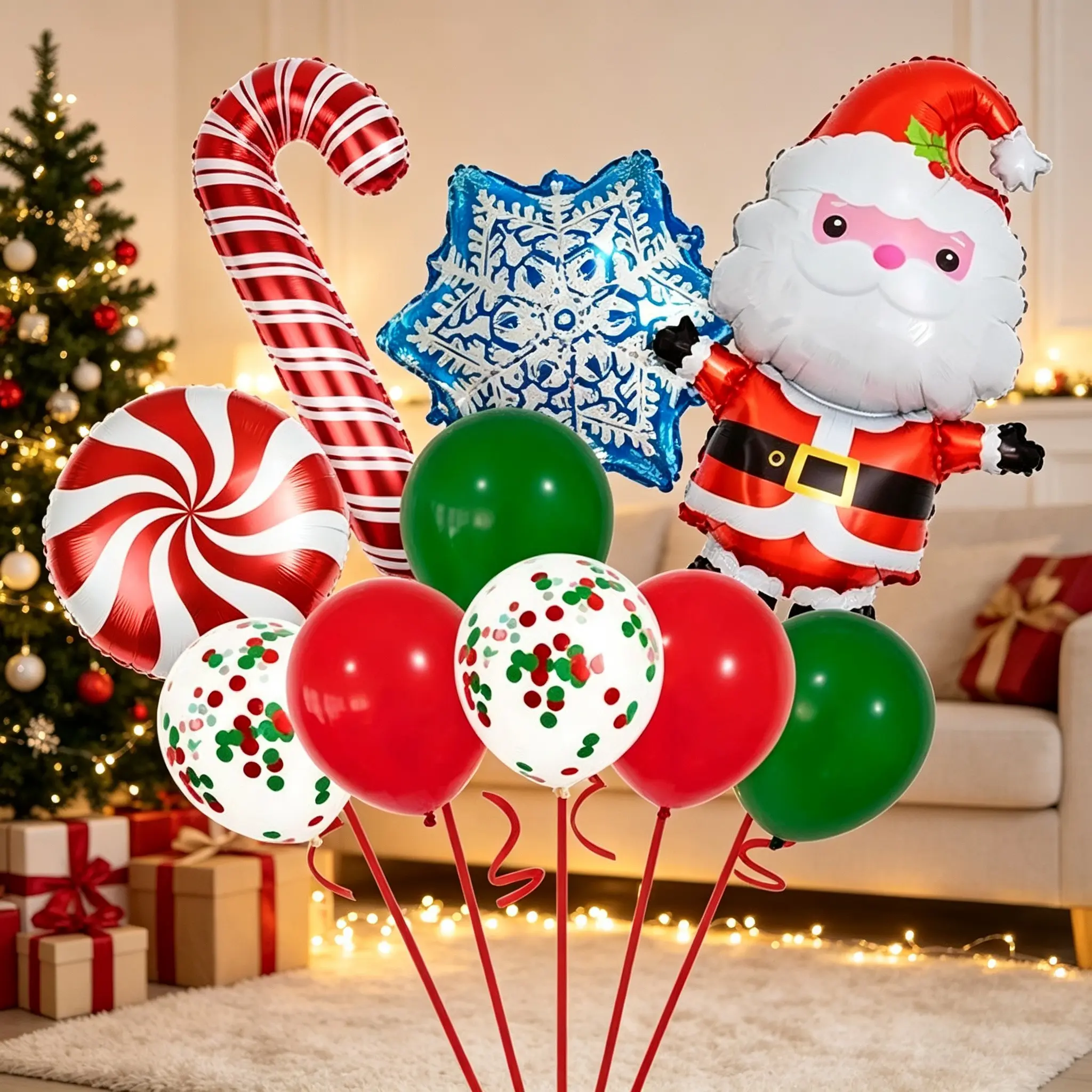 Santa Claus Staff Snowflake Aluminum Foil Balloon Set, Fun Cartoon Christmas Theme, Party Background Decorations, Holiday Supplies