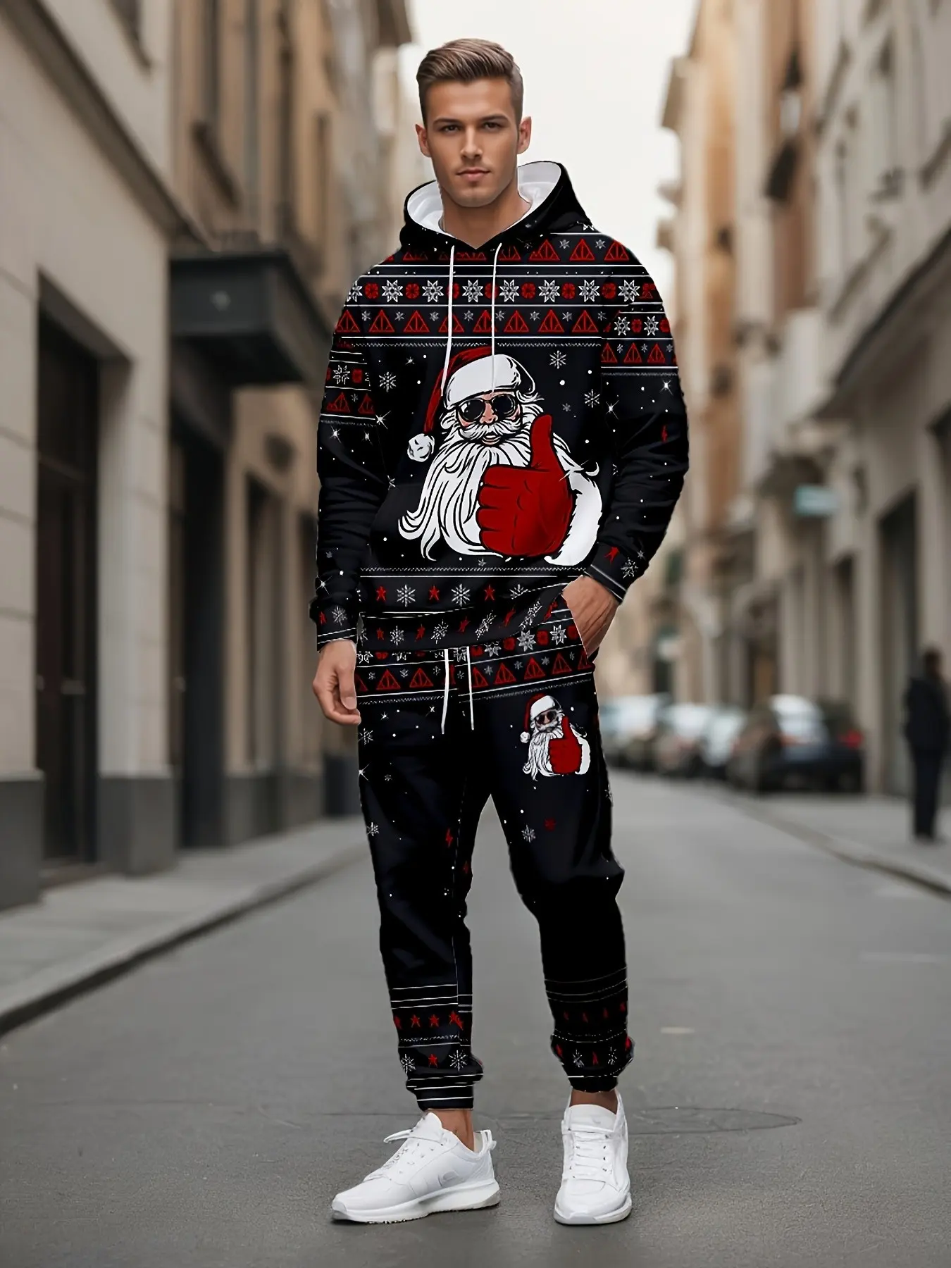 Men's Christmas Theme Two-Piece Set, Background Retro Snowflake Pattern, Santa Claus Print, Casual Holiday, Long Sleeve Sweatshirt & Pants