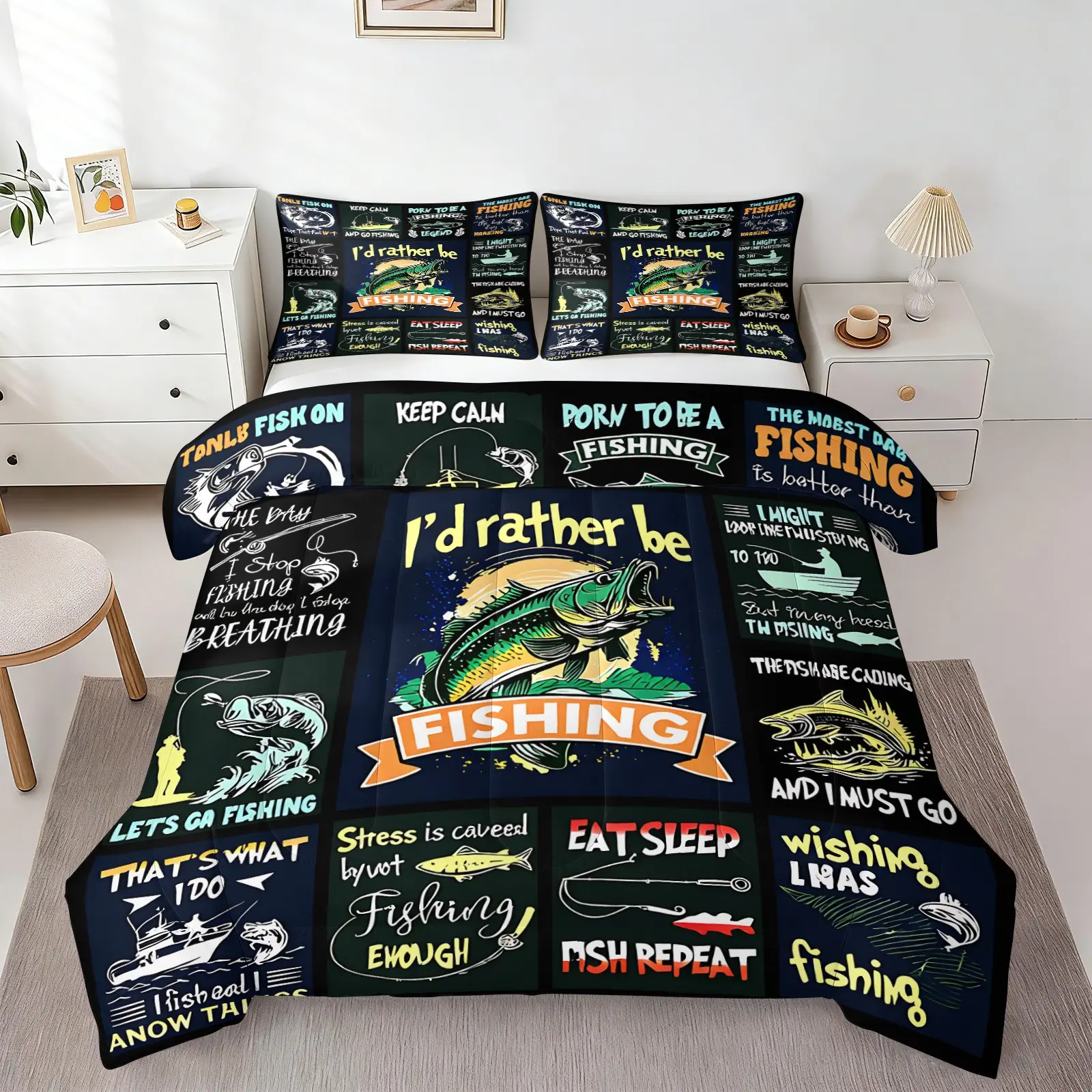 Outdoor Fisherman Theme Comforter Set, 1 Quilt & 1/2 Pillowcases No Pillow Insert, Soft Microfiber Bedding Set, Rustic Cabin Bed Linens for Fishing Enthusiasts Men Master Bedroom Guest Room Decor