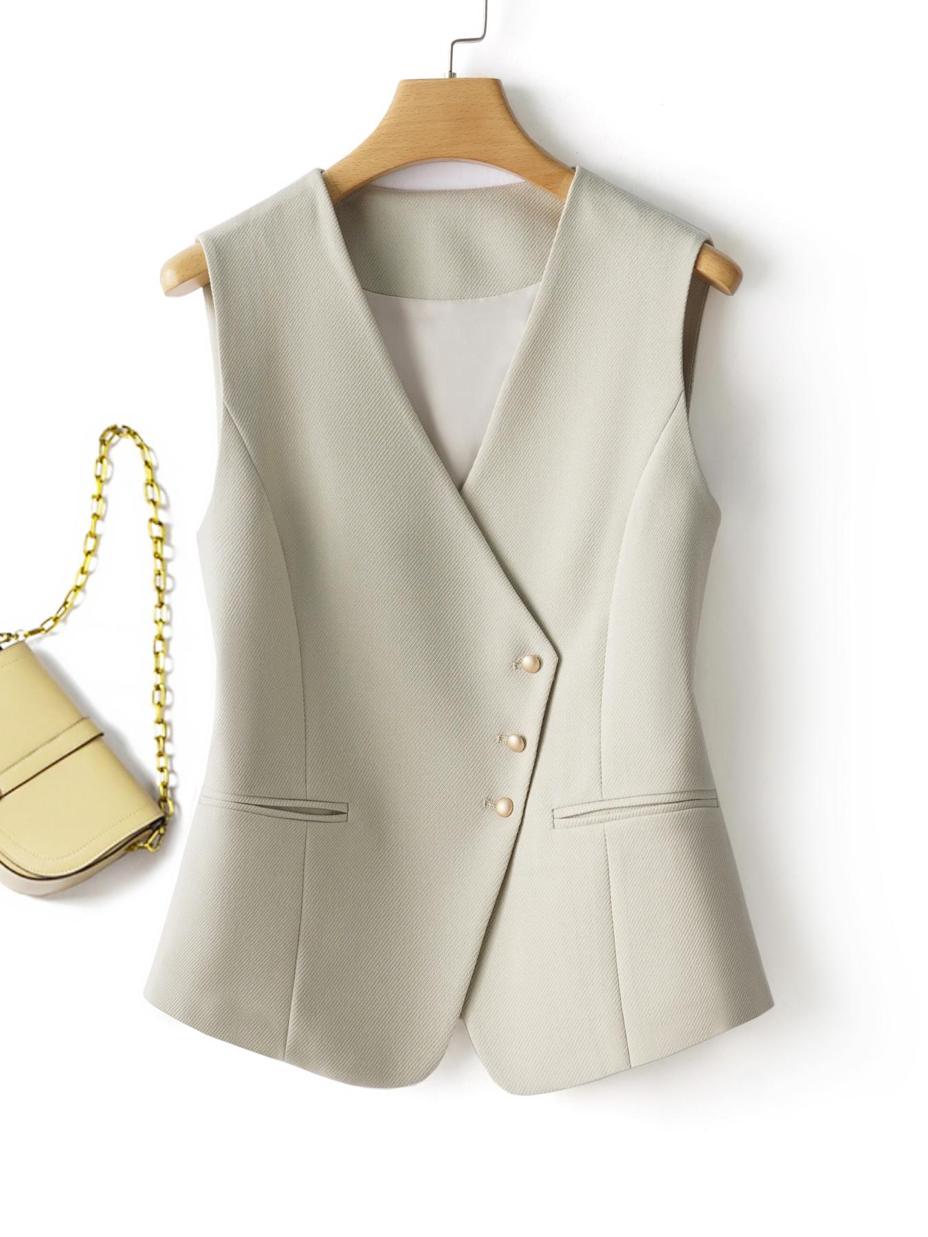 Women's Solid V Neck Blazer Vest, Fashion Casual Button Outerwear for Daily Outdoor Wear, Women Clothing for Spring Fall