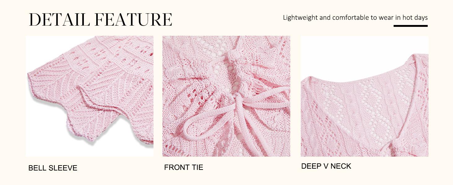 Saodimallsu Womens Crochet Crop Tops Tie Front Bell Long Sleeve Cardigan V Neck Lightweight Knit Shrug Sweaters