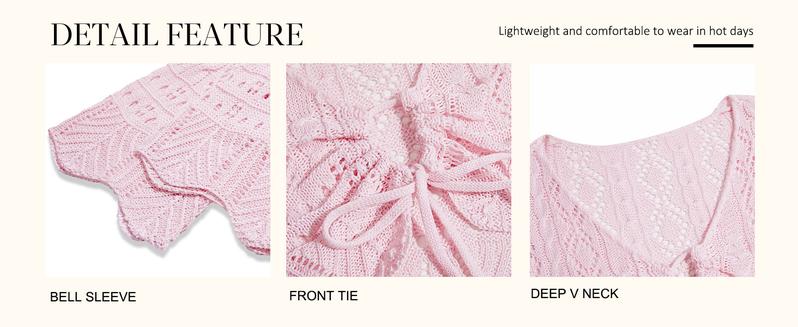 Saodimallsu Womens Crochet Crop Tops Tie Front Bell Long Sleeve Cardigan V Neck Lightweight Knit Shrug Sweaters