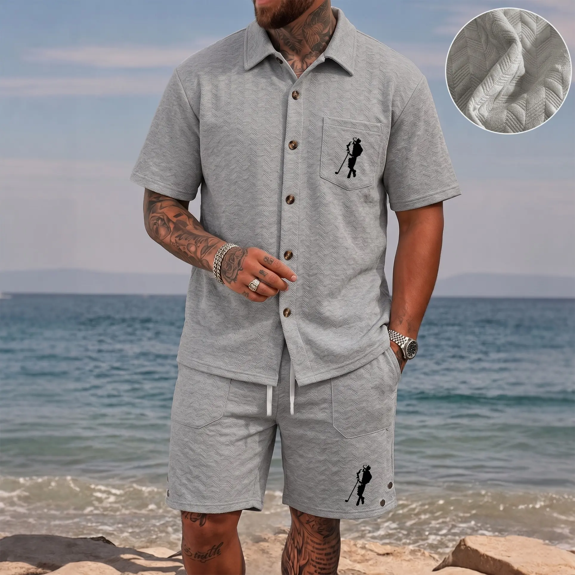 Men’s Golf Player Silhouette Graphic Print Shirt & Shorts Set, Textured Button-Up Summer Two-Piece Outfit with Chest Pocket, Lightweight Resort Vacation Outfit for Travel, Sport and Daily Wear