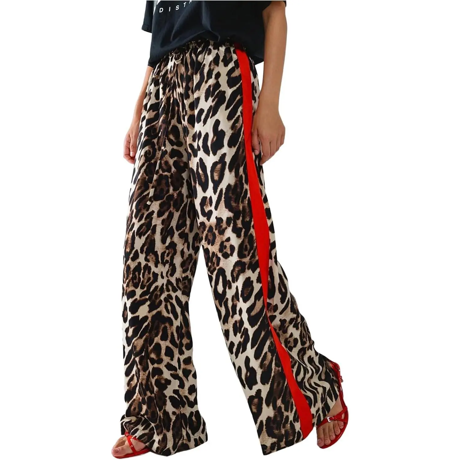 Women's Cheetah Print Wide Leg Baggy Pants Y2k Side Loose Streetwear Trousers