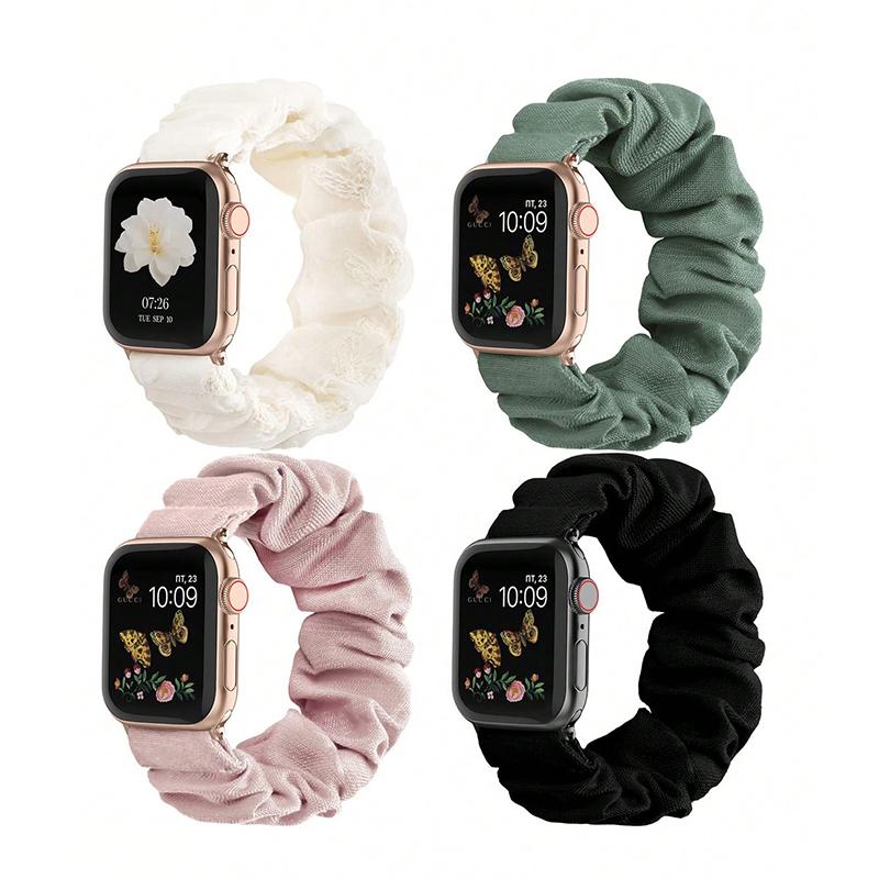 4-Pack Scrunchie Elastic Nylon Watch Bands for Apple Watch – Hair Loop Strap 38–49mm (Series 1–8, SE, Ultra)