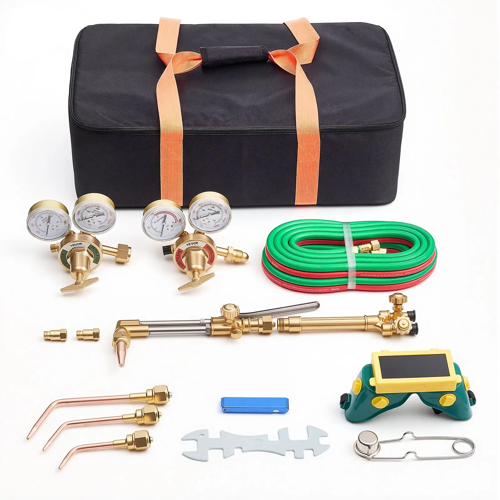 VEVOR Oxygen Acetylene Torch Kit with Check Valves, Gas Welding Cutting Torch Kit, Heavy Duty Oxy Acetylene Brazing Set with 15FT Twin-Hose, 1 Cutting Tip, 3 Welding Tips, 2 Gas Regulators & Tool Bag