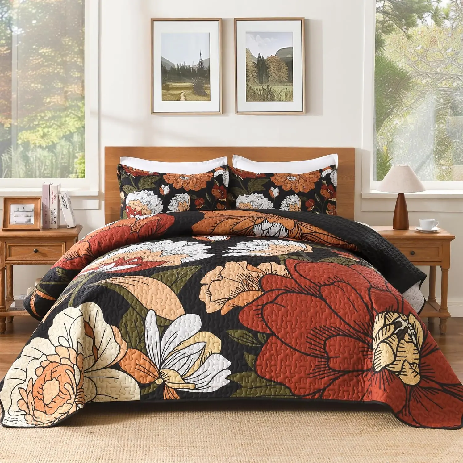 Queen Size Polyester Bohemian Bedspread Set - 3 Pieces, Black & Brown Floral Botanical Coverlet with 2 Shams, Reversible, Year-Round Bedroom Use, 96"x90"