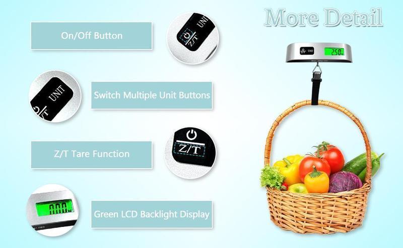 Portable Digital Luggage Scale with Green Backlight LCD Display, 110 Pounds Capacity, Waterproof & Wear-Resistant, Ideal for Travel, Backpacks & Packages, Battery Included