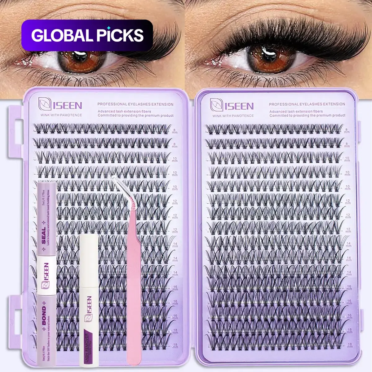 Mixed-Length DIY Cluster Eyelash Extension Kit, Curled Long-Lasting Waterproof Lashes, Cosmetic False Lashes, Includes Bond, Lash Glue & Seal, Tweezers & Headband, Synthetic Realistic Cosmetic Eyelash Extensions, Eyelashes Extensions, Lashes Extension Set