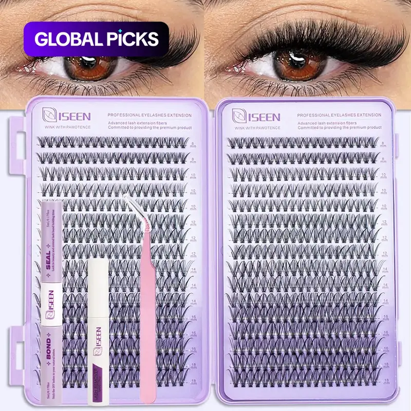 Mixed-Length DIY Cluster Eyelash Extension Kit, Curled Long-Lasting Waterproof Lashes, Cosmetic False Lashes, Diy False Eyelashes, Includes Bond, Lash Glue & Seal, Tweezers & Headband, Synthetic Eyelash Extensions, Eyelash Extension Supplies
