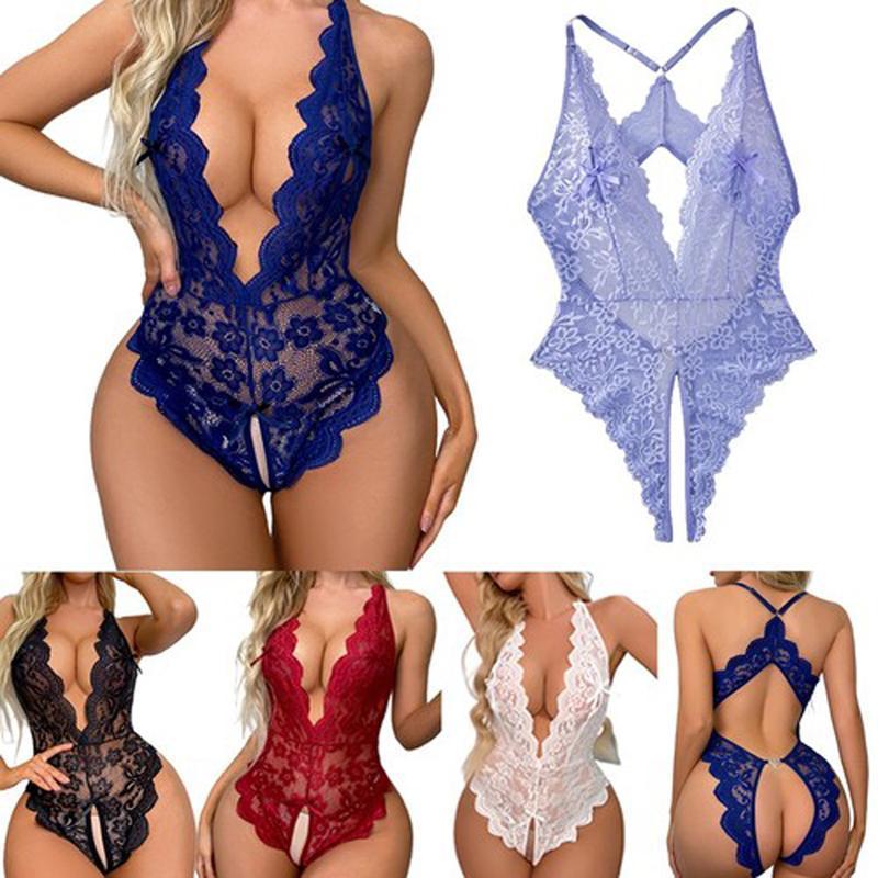 Women's Sexy Lace Mesh Teddy Bodysuit, Deep V Halter Open Back Lingerie Jumpsuit, Floral Lace Crotchless Nightwear, Perfect for Date Night & Daily Wear, Bold Confident Style