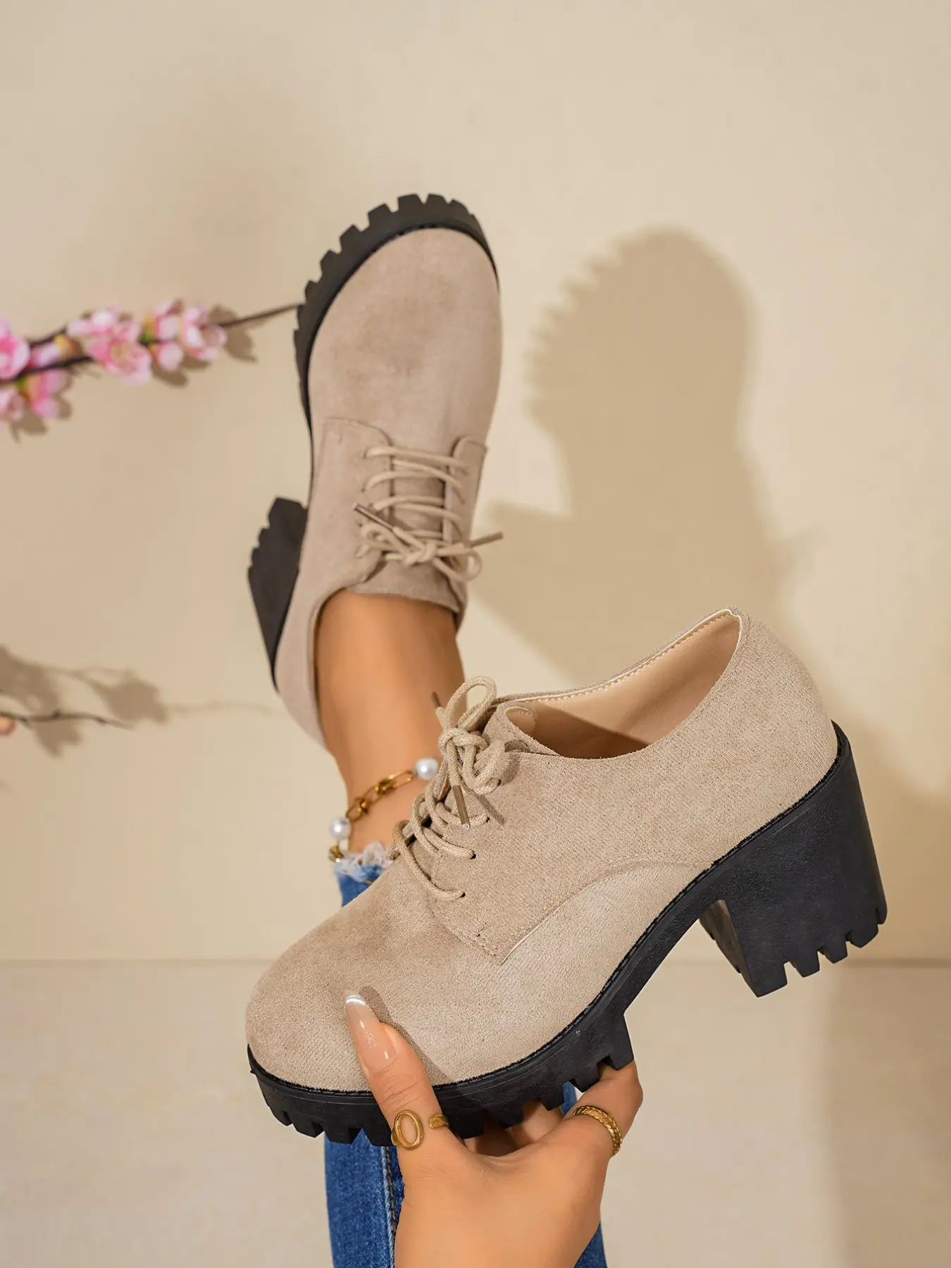 British Vintage Matte Heeled Shoes, Women's Lace-Up Round Toe Chunky Sole, Oxford Sneakers for Office, Dating, Multi-Scene