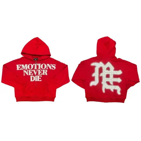 Mixed Emotion Rhinestone Letter Zip-Up Hoodie Red Oversized Streetwear "Emotions Never Die" Y2K Hip Hop Hooded Sweatshirt 2026 Fall Festival Heavy Fleece Moisture Wicking Mens Casual Zip Hoodie, Tops, Long Sleeve