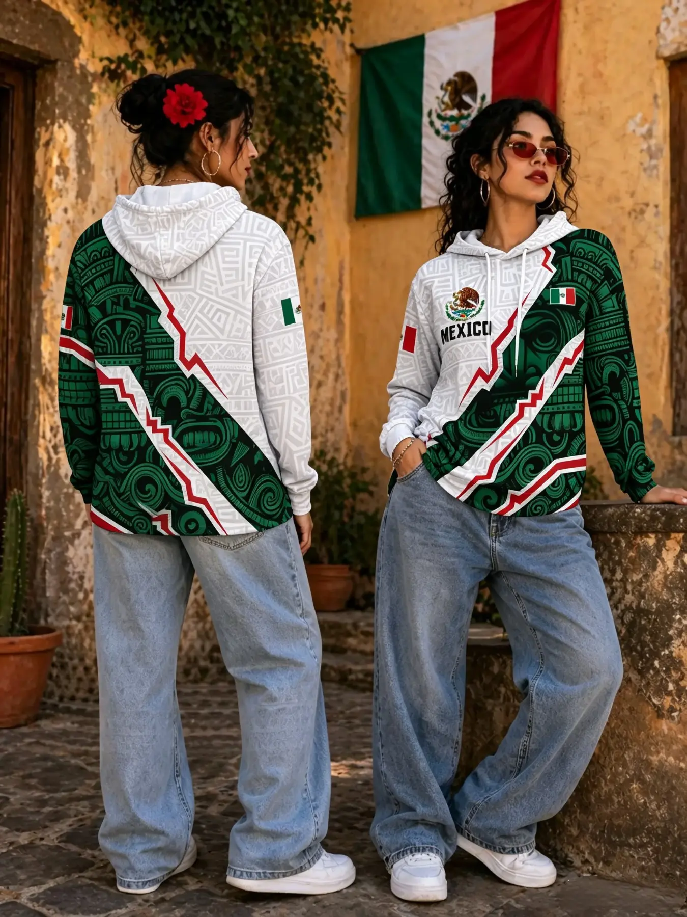 Men's Mexican Flag Aztec Print Hoodie, Loose-Fitting Casual Sweatshirt, All-Over Print, Fall & Winter Streetwear, Ethnic Style