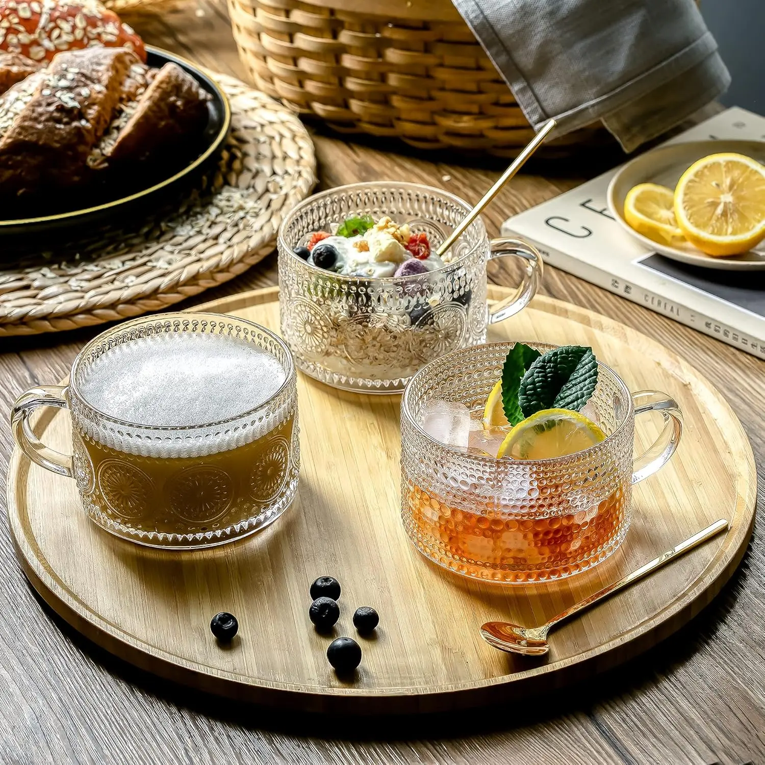 Nifogo 15oz Sunflower Waterdrop Pattern Retro Coffee Cup Set (8 pieces) with handle, metal spoon and bamboo lid, instant coffee cup, dessert drink cup, portable beverage set, glass material, beautiful handmade product #Summer vibes