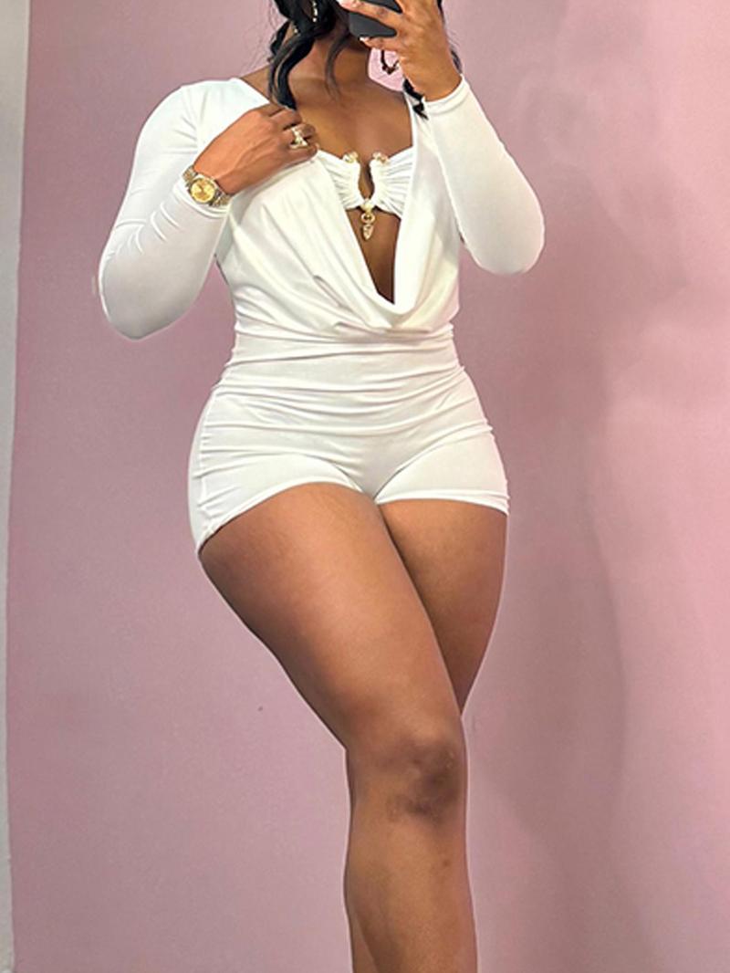 DOUCIU Women's Solid Color Simple  All-match Cool Metal Decor Cut Out Romper Casual Street Fashion Long Sleeve Romper for Nightclub Music Festival Ladies Summer Clothes