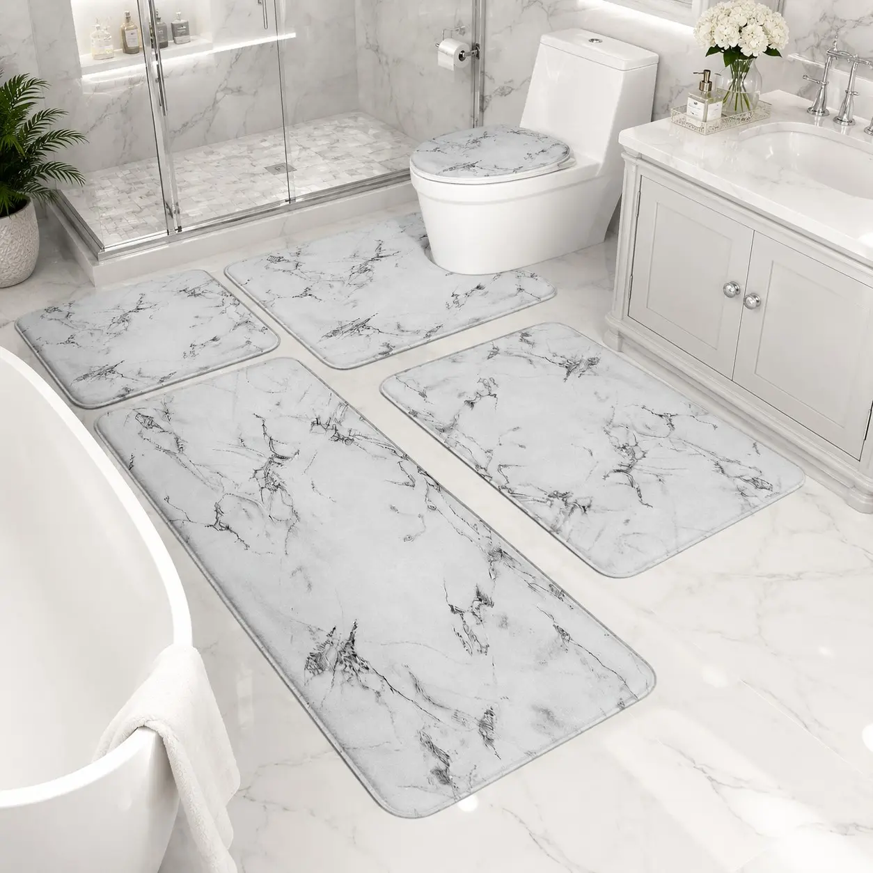 3/5Pcs White Marble Bathroom Rugs Set, Modern Minimalist Stone Texture Non-Slip Absorbent Quick Drying Bath Mat, Toilet Lid Cover & U-Shaped Mat, Luxury Neutral Bathroom Decor for Home, Bathroom Floor Mat, Bathroom Accessory