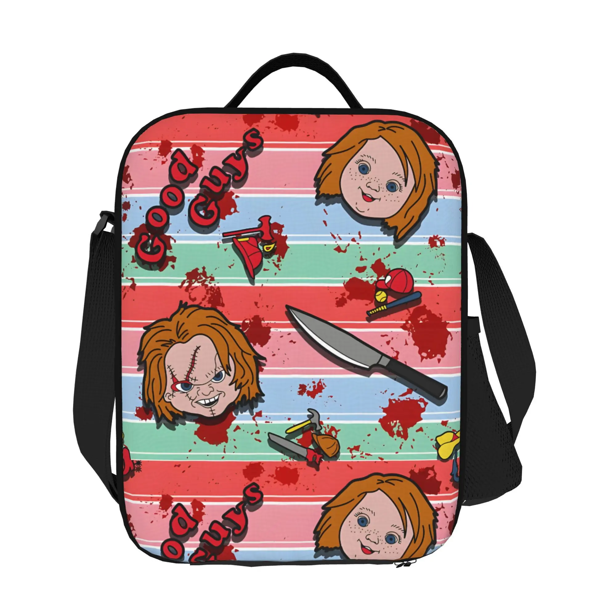 Good Guys Chucky Horror Doll Blood Splatter Striped Print Insulated Lunch Bag, Waterproof 3-Layer Oxford Cooler Tote With Adjustable Shoulder Strap, Leakproof Thermal Lunch Box For Horror Movie Fans Teen School Travel Storage
