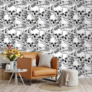 A roll of black and white skull flower pattern cyclic wallpaper. The cyclic wallpaper is spliced together and made of PVC material with adhesive on the back, which can be torn off and pasted directly. It is suitable for furniture decoration, kitche