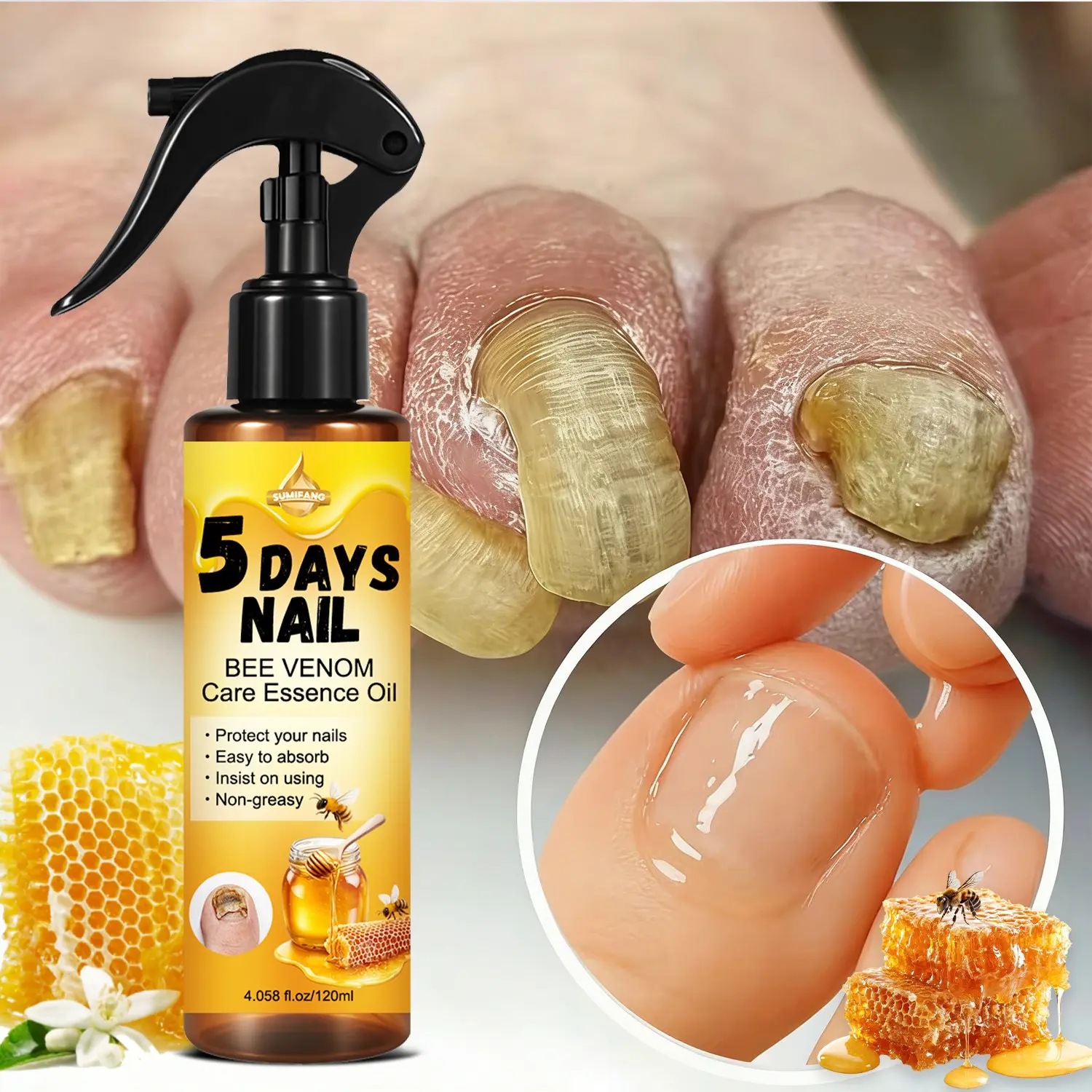 SUMIFANG, Nail Care Products, Bee Venom Nail Care Serum Oil, Nail Strengthener Oil, Collagen + Vitamin C, Protects & Repairs Nails, Strengthens Brittle Nails, Enhances Shine & Health, Fast-Absorbing, Non-Greasy, Daily Treatment