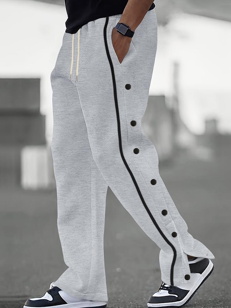 Men's Casual Polyester Pants, Solid Color, Side Stripes and Button Details, Regular Fit, Drawstring, Suitable for All Seasons, Comfortable and Fashionable for Adults