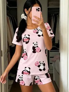 Women's Short Sleeve Pajama Set, Panda Donut Print, Casual Slim-Fit, All Seasons, Home Wear, Spring Summer Essential