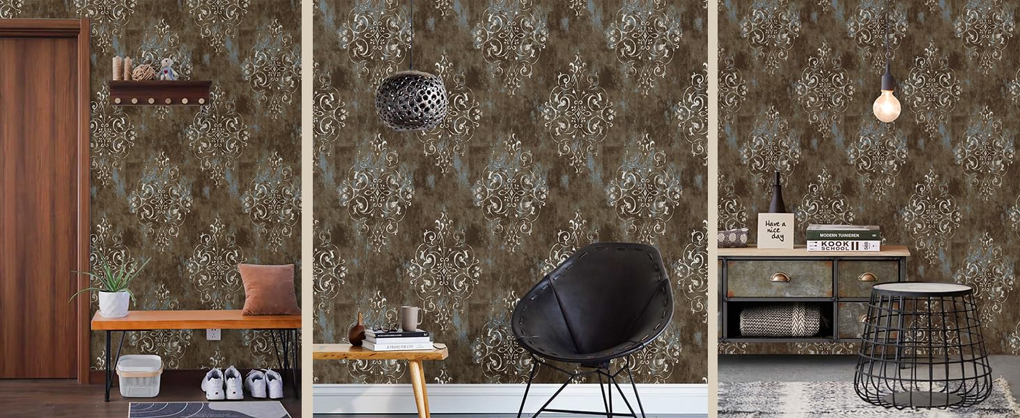 Vintage Peel and Stick Wallpaper Damask Brown/Beige/Teal Vinyl Stick on Wall Paper for Bedroom Home 17.7in x 9.8ft