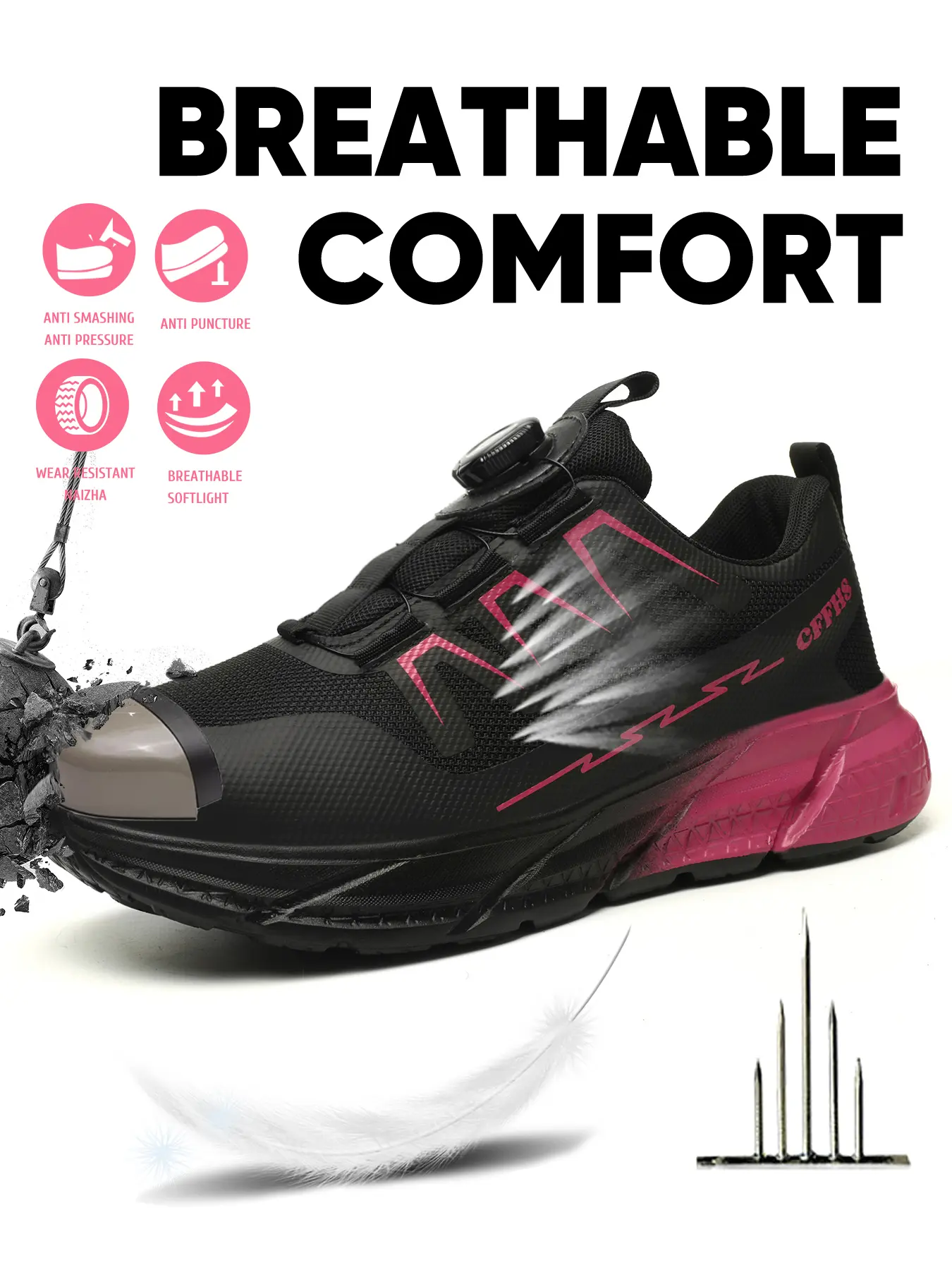 Women's Safety Shoes, Work Safety Footwear, Knob Lace-Up Design, Thickened Steel Toe, Comfortable Breathable Anti-Smash Anti-Puncture, Suitable for Construction Sites