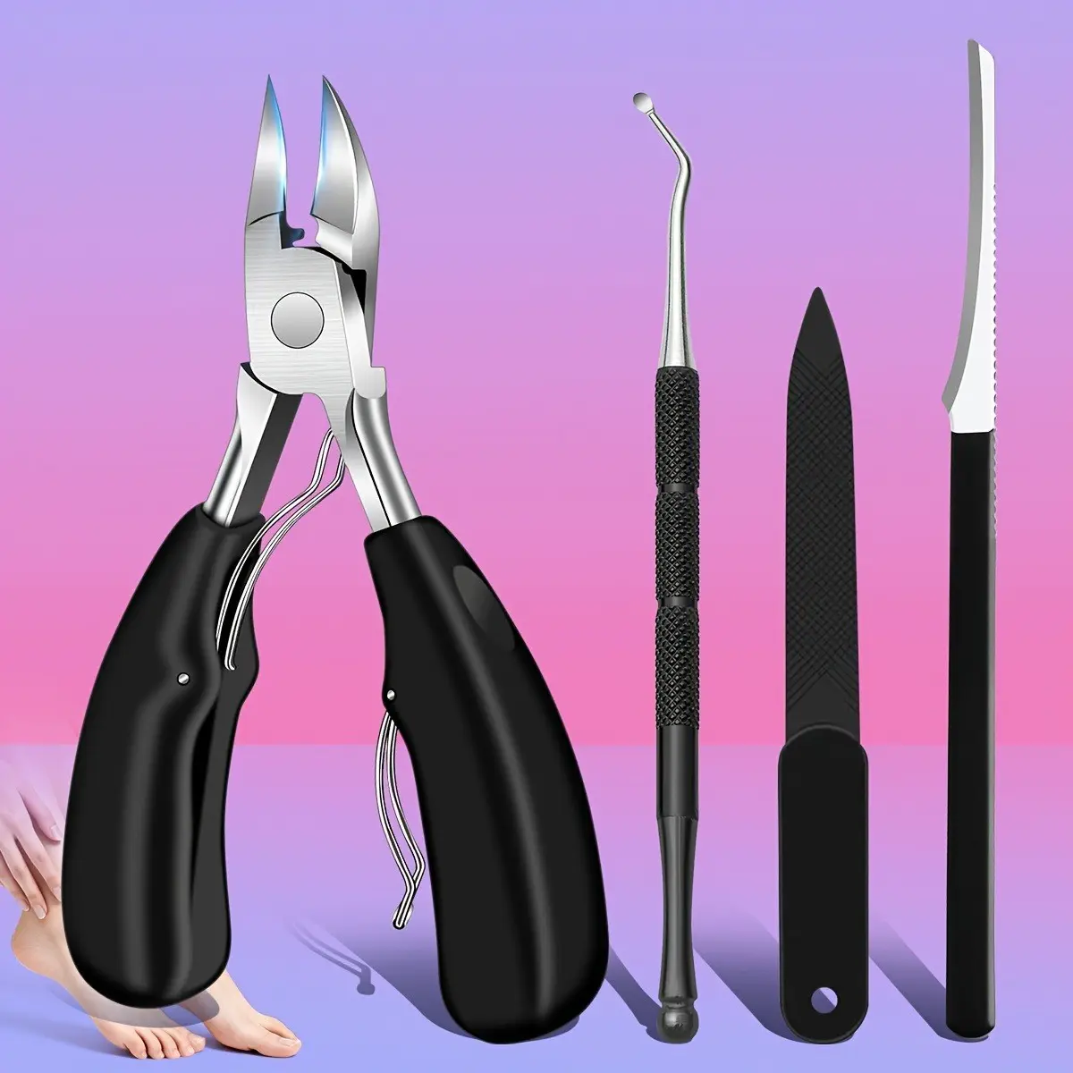 4 Piece Manicure Tool Kit, Eagle Beak Ingrown Nail Clipper, Metal File, Dead Skin Remover, Home Thick Toe Nail Care Tools