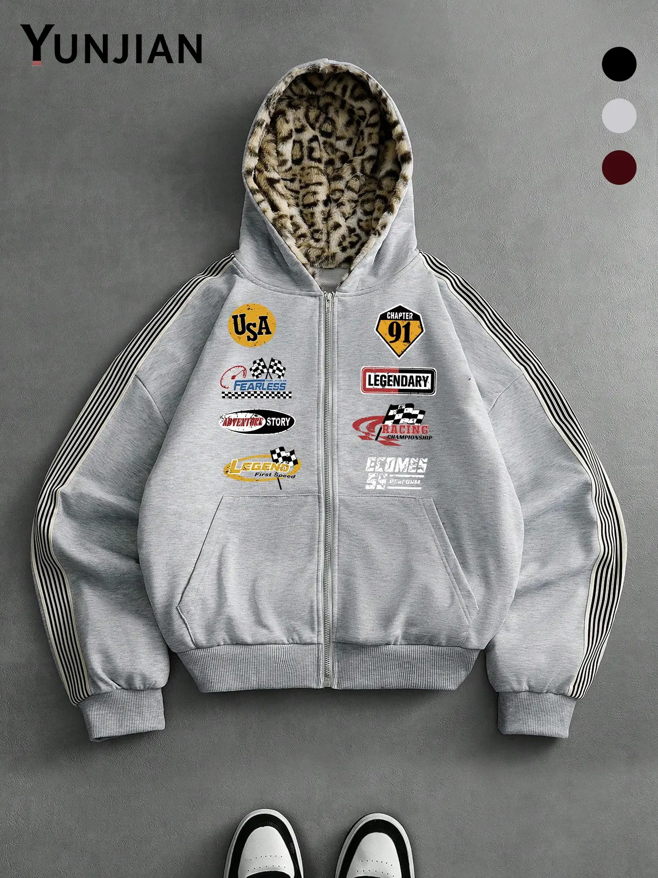 Men's Retro Racing Style Graphic Fleece Lined Long Sleeve Zipper Hooded Sweatshirt, Soft Warm Leopard Print Hat Interior, Loose Fit Casual Jacket for Fall Winter