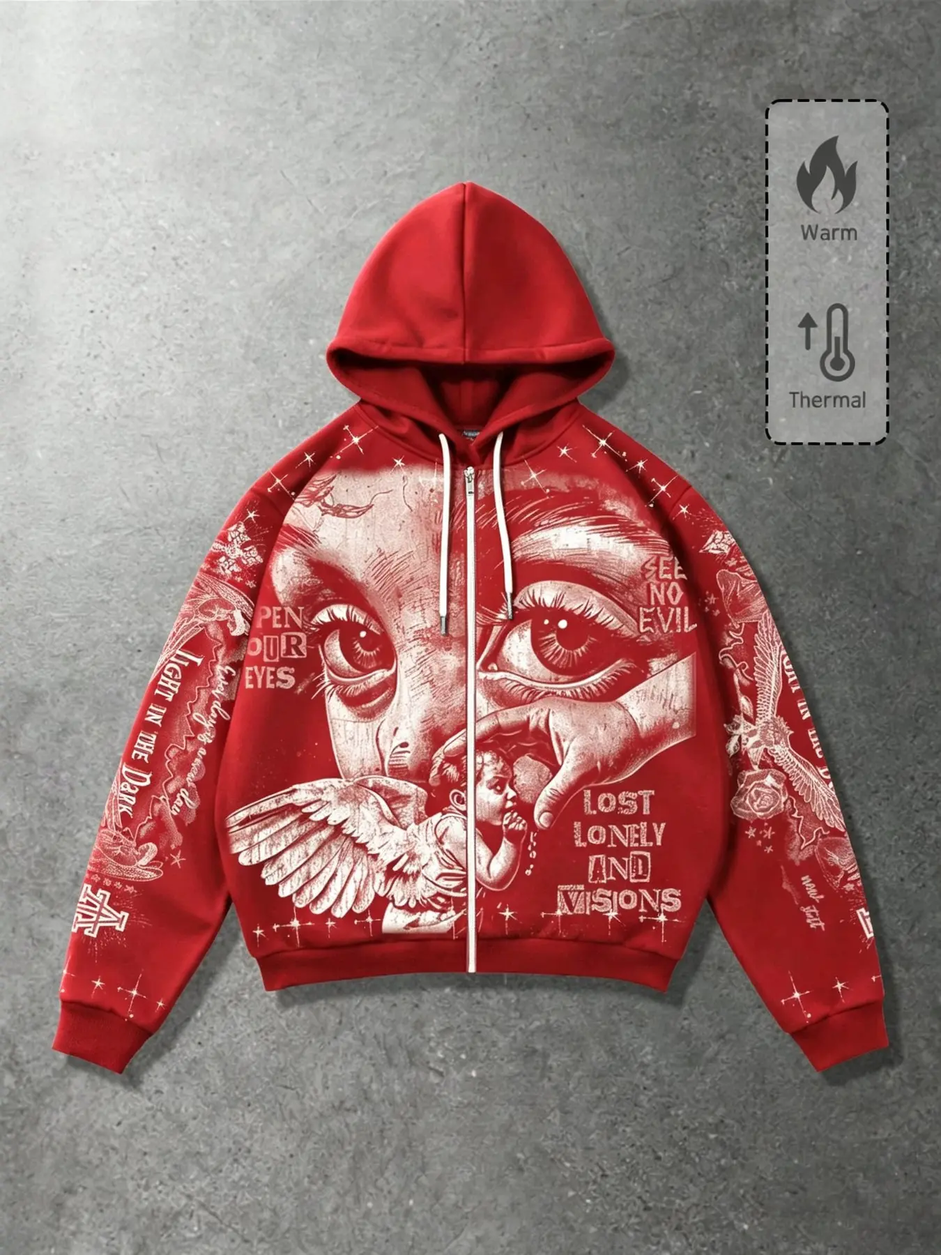 High Street Style Vintage Angel Portrait Letter Print Zipper Sweatshirt, Long Sleeve Loose-Fit Hooded Jacket for Men, Trendy Streetwear