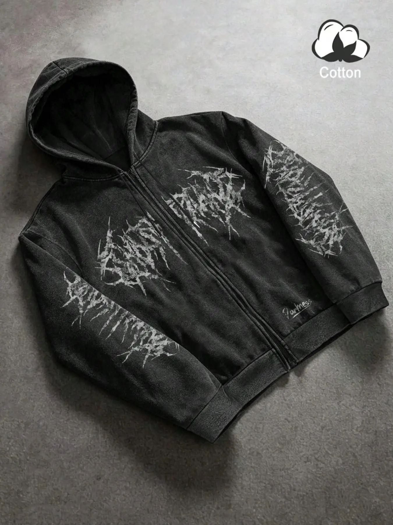 Heavyweight Washed Black Zip Up Hoodie | Y2K Grunge Opium Style Cotton Graphic Jacket for Men Women Streetwear Casual OOTD