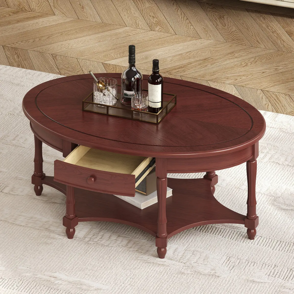 Vintage Oval Coffee Table 45" with Drawer & Storage Shelf, French Country Cocktail Table in Cherry, Solid Rubber Wood Carved Accent Table for Living Room