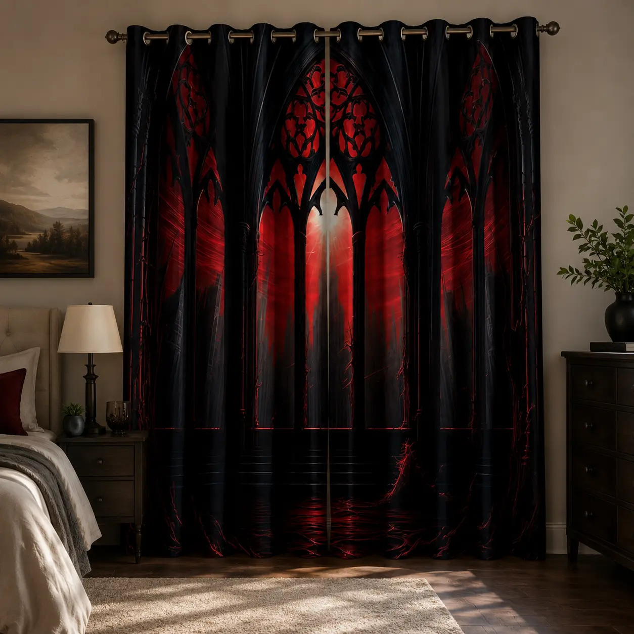 2-Panel Gothic Room-Darkening Grommet Window Drapes Set - Red Cathedral Stained Glass Print, Fading-Resistant Privacy Treatments for Halloween Bedroom, Living Room
