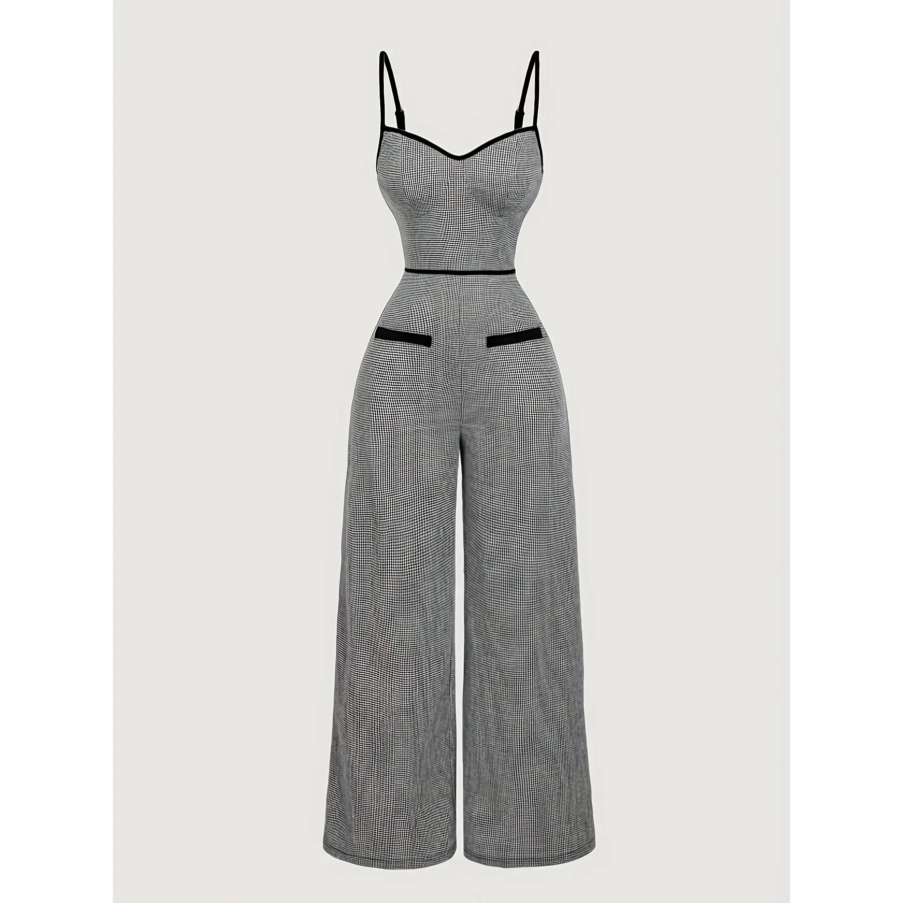 ZLLZ Color-Block Houndstooth Jumpsuit, Adjustable Straps And Ruched Waist, Plaid Pattern, Black And White Contrast, Waist-Cinching Camisole Jumpsuit, Cup-Shaped Bust, Women'S Casual Fashion Wear