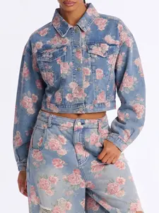 Women's Vintage Floral Denim Jacket, Lapel Collar Long Sleeve Slim Fit, Button Closure Casual Outerwear, Street Style Medium Length Top