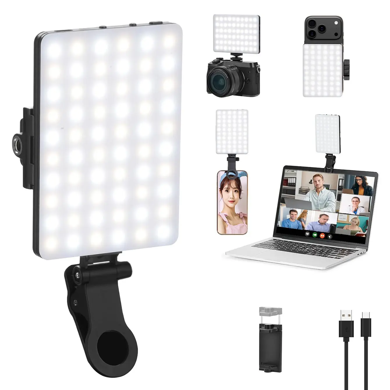 Clip-On LED Fill Light for Photography, 3-In-1 Color Options, USB Rechargeable, Adjustable Brightness, Ideal for Selfies & Videos