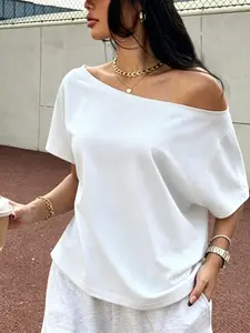 Women's Slanted One-Shoulder Short Sleeve T-Shirt, Loose-Fit Solid Color Minimalist Basic Top, Casual Summer Leisure Wear, Comfortable and Stylish