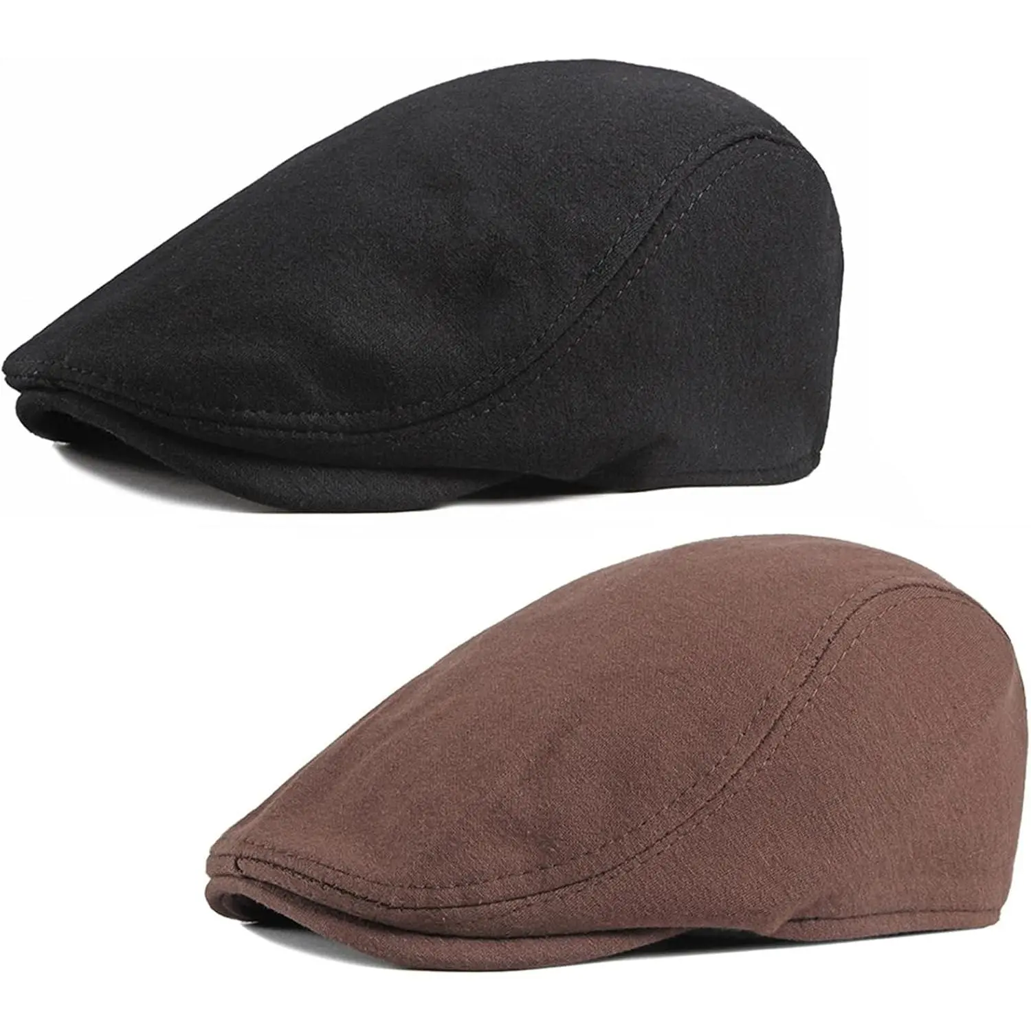 Men's 2-Pack Flat Cap - Ivy, Gatsby, Newsboy Driving Hat for Male Wear, Black + Coffee, Two Pack