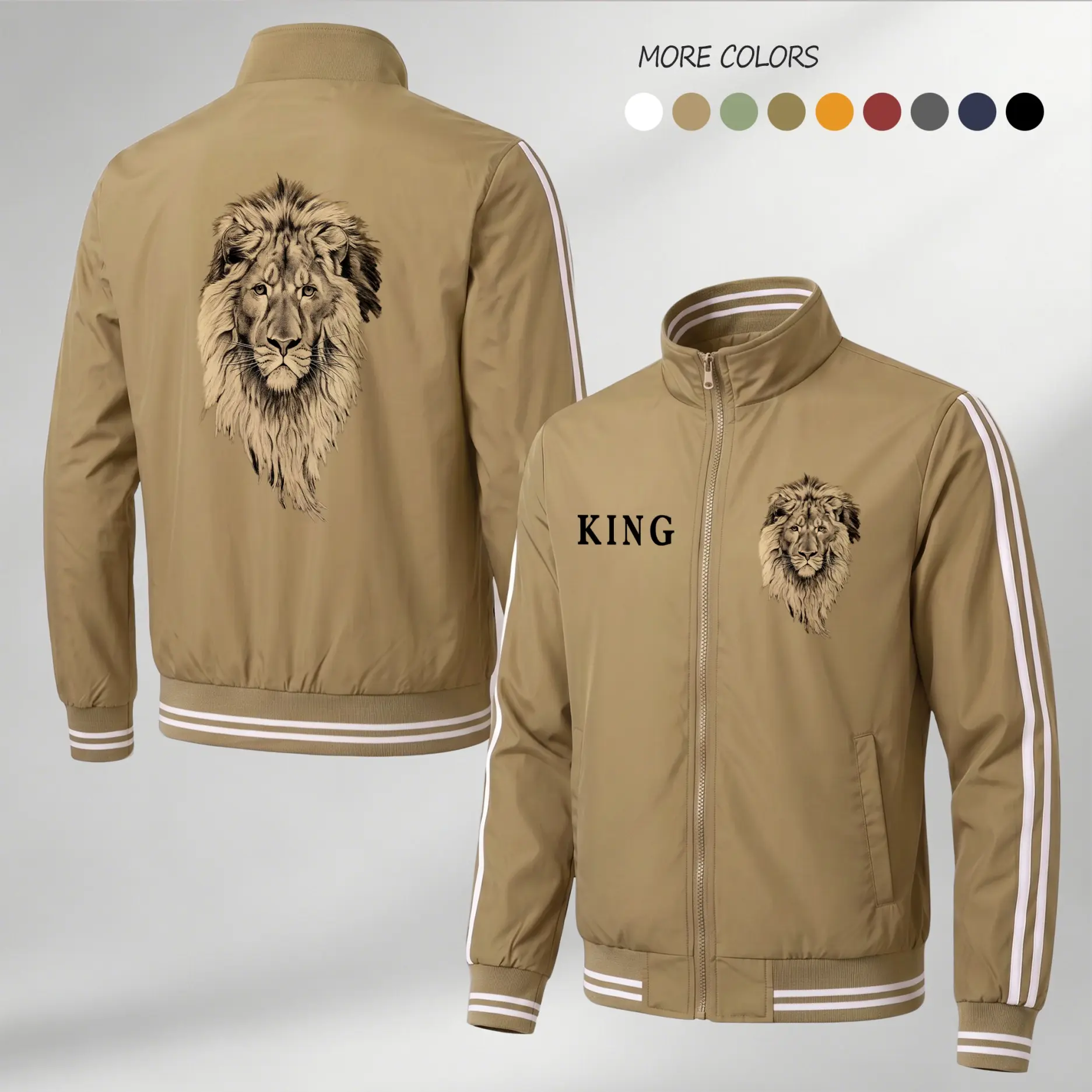 Men's Lightweight Streetwear Bomber Jacket with KING Lion Graphic, a Classic Full-Zip Flight Coat with Ribbed Cuffs & Stripe Sleeves, Tops