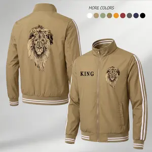 Men's Lightweight Streetwear Bomber Jacket with KING Lion Graphic, a Classic Full-Zip Flight Coat with Ribbed Cuffs & Stripe Sleeves, Tops