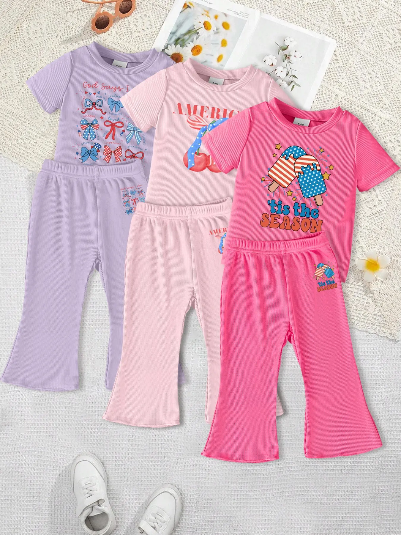 6-Piece Baby Girl Casual Long Pants Set, Summer Fashion Print Round Neck T-Shirt and Elastic Waist Bell Bottoms, Perfect for Outdoor Activities