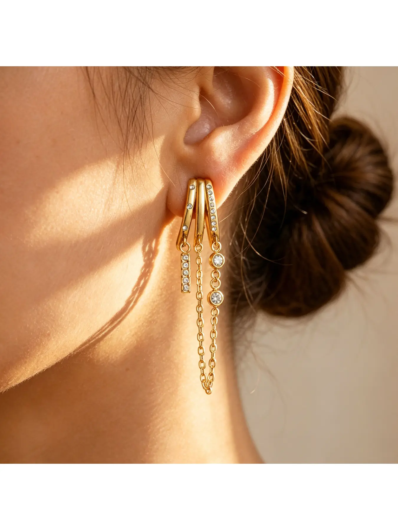 18K Gold Plated Stainless Steel Pave Cubic Zirconia 3 Row Ear Climber Stud Earrings with Chain Tassel Long Drop for Women, Hypoallergenic Tarnish Resistant Bar Design Dainty Dangle Earrings, Elegant Luxury Jewelry for Daily Office Date Cocktail Party Birt