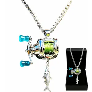 Fishing Reel Necklace for Men Gear Spinning Keychain Fisherman Fish Pendant Women Accesorios De Pesca Hook With Reel Mini Ring Functional Catfish Miniature Rotating Handle Charm Outdoor